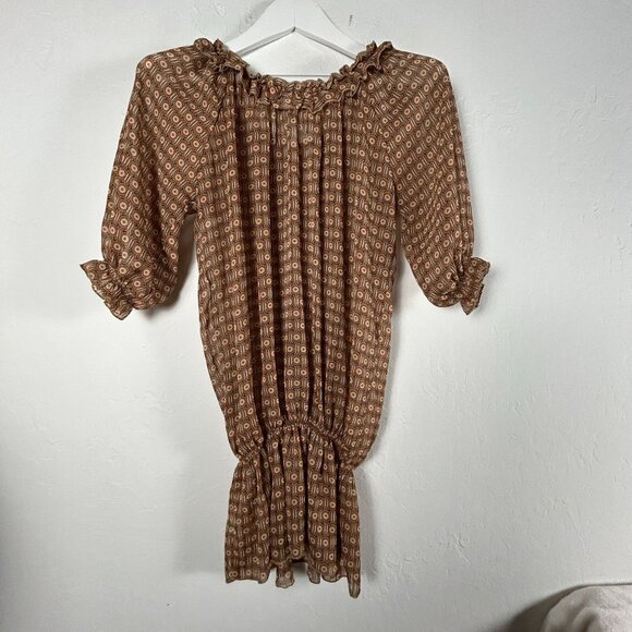 Max Rave Womens Off-Shoulder Smocked Ruffle Tunic Top Blouse Medium Brown Floral - Picture 2 of 8